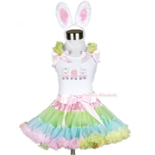White Tank Top with Bunny Rabbit Egg Print with Yellow Ruffles& Light Pink Bow & Light-Colored Rainbow Pettiskirt With White Rabbit Costume MG450 