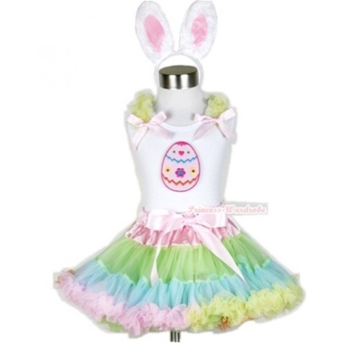 White Tank Top with Easter Egg Print with Yellow Ruffles& Light Pink Bow & Light-Colored Rainbow Pettiskirt With White Rabbit Costume MG451 