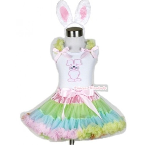White Tank Top with Bunny Rabbit Print with Yellow Ruffles& Light Pink Bow & Light-Colored Rainbow Pettiskirt With White Rabbit Costume MG452 