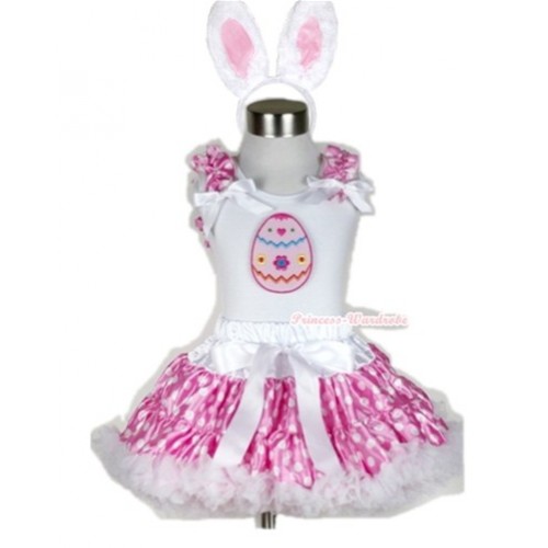 White Tank Top with Easter Egg Print with Hot Pink White Dots Ruffles& White Bow & Hot Pink White Polka Dots Pettiskirt With White Rabbit Costume MG453 