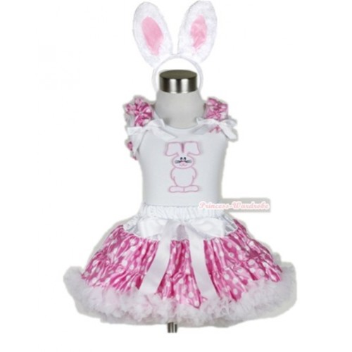 White Tank Top with Bunny Rabbit Print with Hot Pink White Dots Ruffles& White Bow & Hot Pink White Polka Dots Pettiskirt With White Rabbit Costume MG454 
