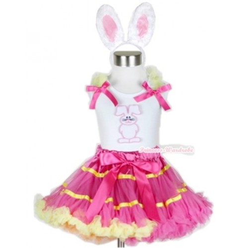 White Tank Top with Bunny Rabbit Print with Yellow Ruffles& Hot Pink Bow & Rainbow Orange Hot Pink Yellow Mix Pettiskirt With White Rabbit Costume MG456 