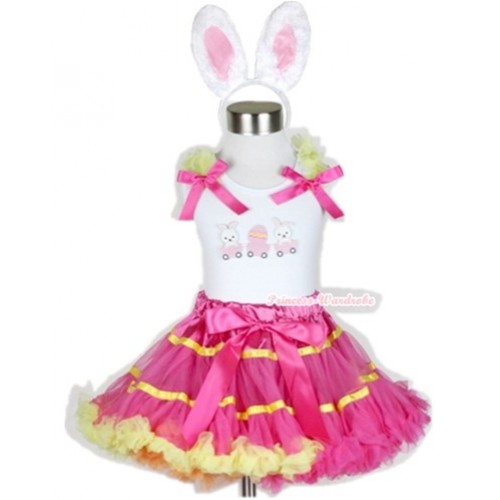 White Tank Top with Bunny Rabbit Egg Print with Yellow Ruffles& Hot Pink Bow & Rainbow Orange Hot Pink Yellow Mix Pettiskirt With White Rabbit Costume MG457 