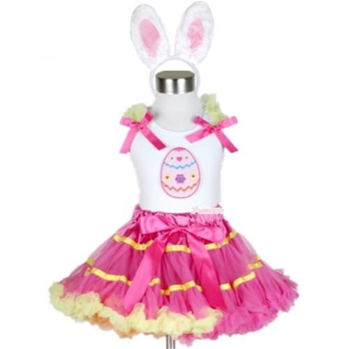 White Tank Top with Easter Egg Print with Yellow Ruffles& Hot Pink Bow & Rainbow Orange Hot Pink Yellow Mix Pettiskirt With White Rabbit Costume MG458 