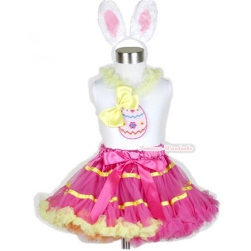 White Tank Top with Easter Egg Print with Yellow Lacing & Yellow Silk Bow & Rainbow Orange Hot Pink Yellow Mix Pettiskirt With White Rabbit Costume MG409 
