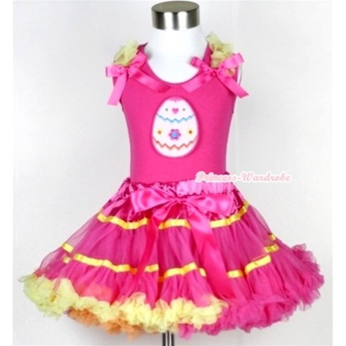 Hot Pink Tank Top with Easter Egg Print with Yellow Ruffles & Hot Pink Bow & Rainbow Orange Hot Pink Yellow Mix Pettiskirt MH043 