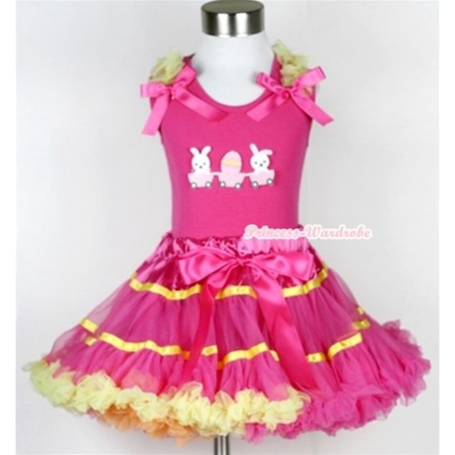 Hot Pink Tank Top with Bunny Rabbit Egg Print with Yellow Ruffles & Hot Pink Bow & Rainbow Orange Hot Pink Yellow Mix Pettiskirt MH047 