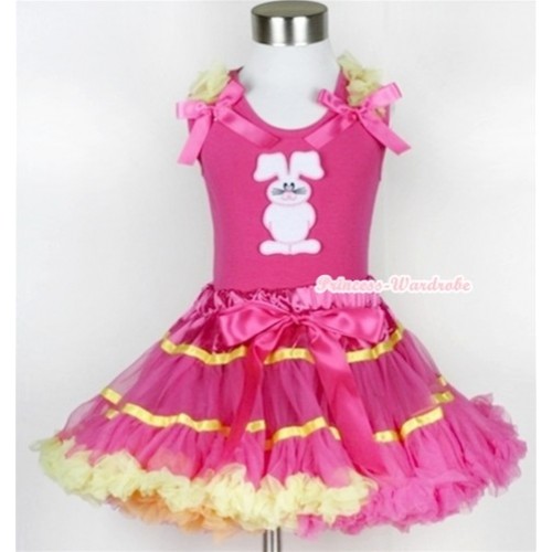 Hot Pink Tank Top with Bunny Rabbit Print with Yellow Ruffles & Hot Pink Bow & Rainbow Orange Hot Pink Yellow Mix Pettiskirt MH048 