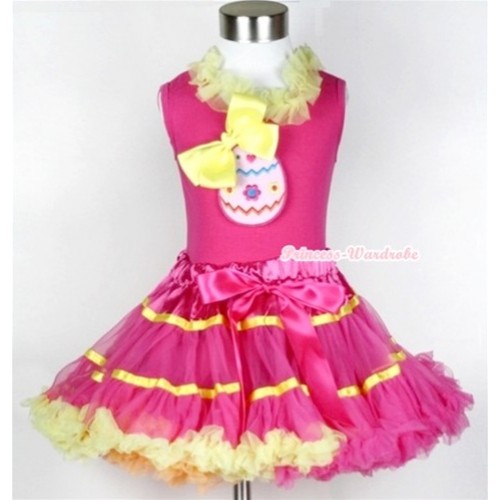 Hot Pink Tank Top With Yellow Lacing With Easter Egg Print & Yellow Silk Bow With Rainbow Orange Hot Pink Yellow Mix Pettiskirt MH050 