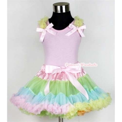 Light Pink Tank Top with Yellow Ruffles& Light Pink Bow With Light-Colored Rainbow Pettiskirt M501 