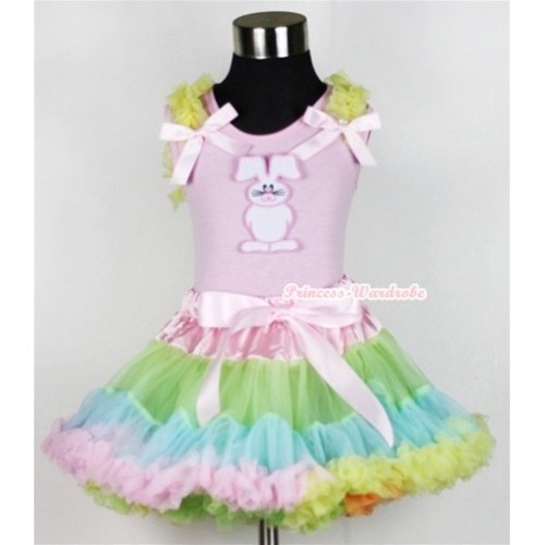 Light Pink Tank Top with Bunny Rabbit Print with Yellow Ruffles & Light Pink Bow With Light-Colored Rainbow Pettiskirt M502 