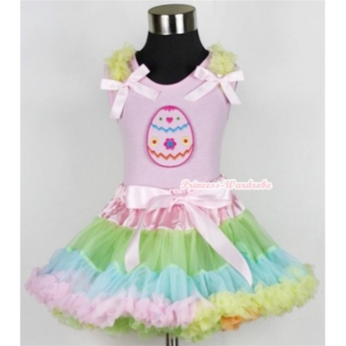 Light Pink Tank Top with Easter Egg Print with Yellow Ruffles & Light Pink Bow With Light-Colored Rainbow Pettiskirt M503 