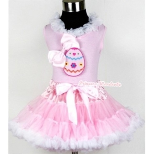Light Pink Tank Top With White Lacing With Easter Egg Print & Light Pink Silk Bow With Light Pink White Pettiskirt M509 