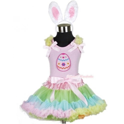 Light Pink Tank Top with Easter Egg Print with Yellow Ruffles& Light Pink Bow & Light-Colored Rainbow Pettiskirt With White Rabbit Costume M511 