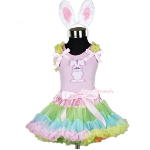 Light Pink Tank Top with Bunny Rabbit Print with Yellow Ruffles& Light Pink Bow & Light-Colored Rainbow Pettiskirt With White Rabbit Costume M510 