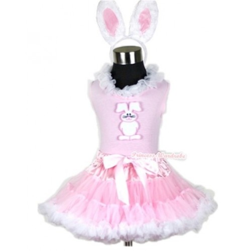 Light Pink Tank Top with Bunny Rabbit Print with White Lacing & Light Pink White Pettiskirt With White Rabbit Costume M512 