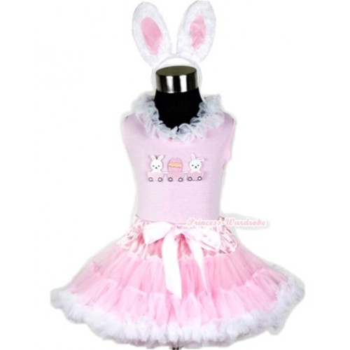 Light Pink Tank Top with Bunny Rabbit Egg Print with White Lacing & Light Pink White Pettiskirt With White Rabbit Costume M514 