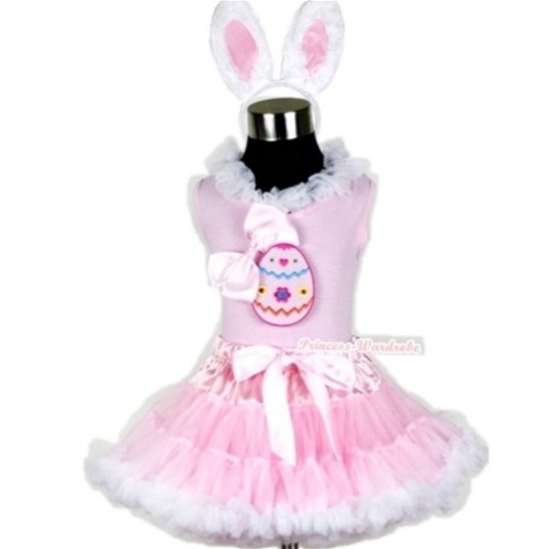Light Pink Tank Top with Easter Egg Print with White Lacing & Light Pink Silk Bow & Light Pink White Pettiskirt With White Rabbit Costume M515 