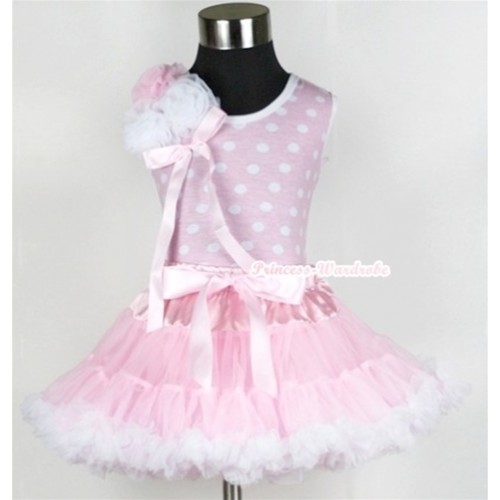 Light Pink White Dots Tank Top With a Bunch of One Light Pink Two White Rosettes & Light Pink Bow With Light Pink White Pettiskirt MH051 