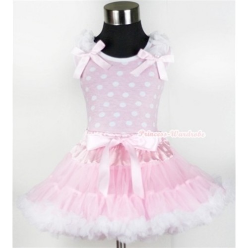 Light Pink White Dots Tank Top With White Ruffles & Light Pink Bows With Light Pink White Pettiskirt MH052 
