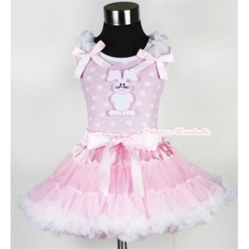 Light Pink White Dots Tank Top with Bunny Rabbit Print with White Ruffles & Light Pink Bow & Light Pink White Pettiskirt MH053 
