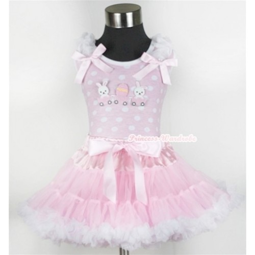 Light Pink White Dots Tank Top with Bunny Rabbit Egg Print with White Ruffles & Light Pink Bow & Light Pink White Pettiskirt MH056 