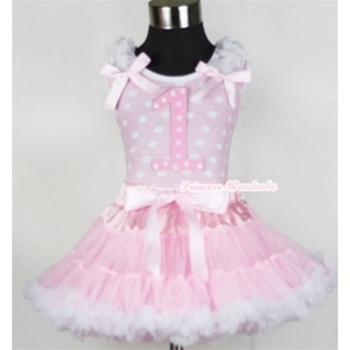 Light Pink White Dots Tank Top with 1st Light Pink White Dots Birthday Number Print with White Ruffles & Light Pink Bow & Light Pink White Pettiskirt MH057 