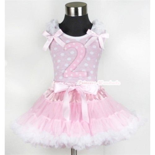 Light Pink White Dots Tank Top with 2nd Light Pink White Dots Birthday Number Print with White Ruffles & Light Pink Bow & Light Pink White Pettiskirt MH058 