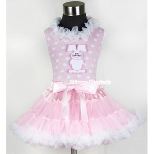 Light Pink White Dots Tank Top With White Lacing With Bunny Rabbit Print With Light Pink White Pettiskirt MH060 