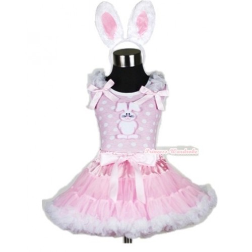 Light Pink White Dots Tank Top with Bunny Rabbit Print with White Ruffles& Light Pink Bow & Light Pink White Pettiskirt With White Rabbit Costume MH061 