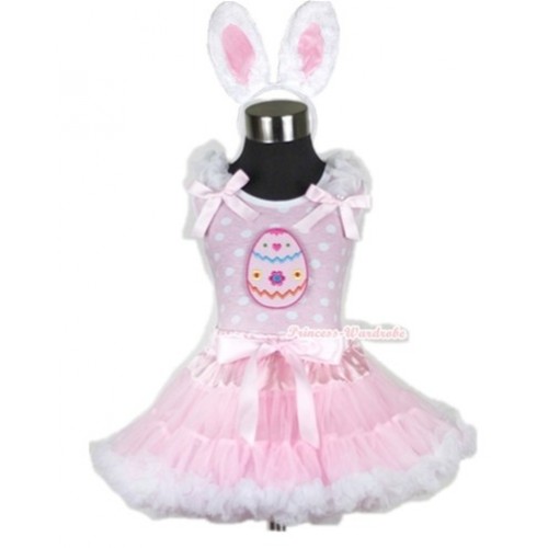 Light Pink White Dots Tank Top with Easter Egg Print with White Ruffles& Light Pink Bow & Light Pink White Pettiskirt With White Rabbit Costume MH062 