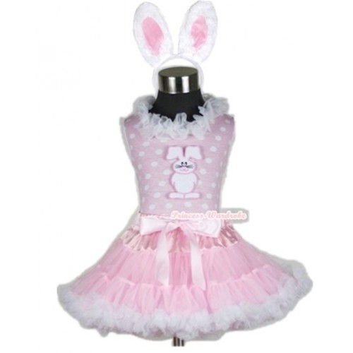 Light Pink White Dots Tank Top with Bunny Rabbit Print with White Lacing & Light Pink White Pettiskirt With White Rabbit Costume MH064 