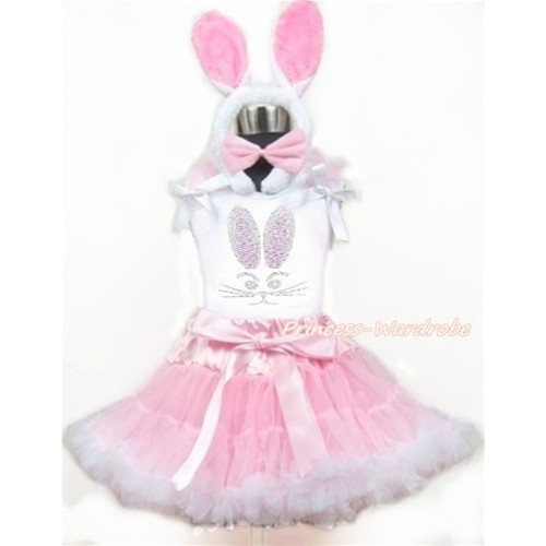 Easter White Tank Top with Light Pink Ruffles & White Bow with Sparkle Crystal Bling Rhinestone Bunny Rabbit Print & Light Pink White Pettiskirt With White Rabbit Costume MG1066 