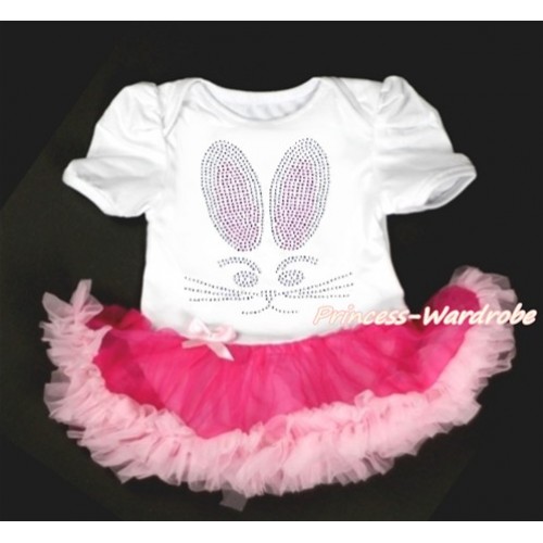 Easter White Baby Jumpsuit Hot Light Pink Pettiskirt with Sparkle Crystal Bling Rhinestone Bunny Rabbit Print JS3131 