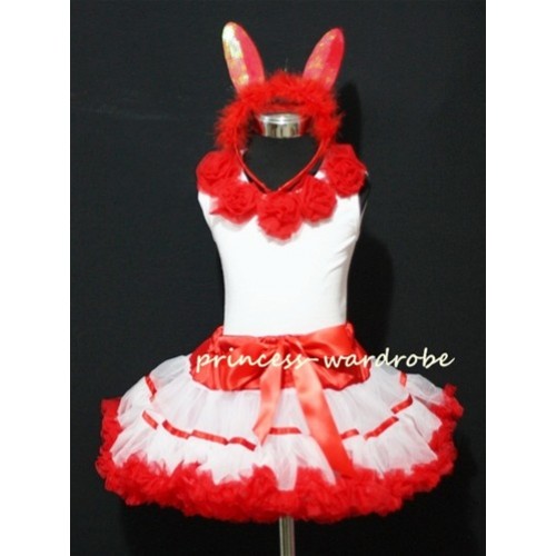 Red White Trim Pettiskirt Rabbit Costum with Red Rosettes Tank Top M26EA 