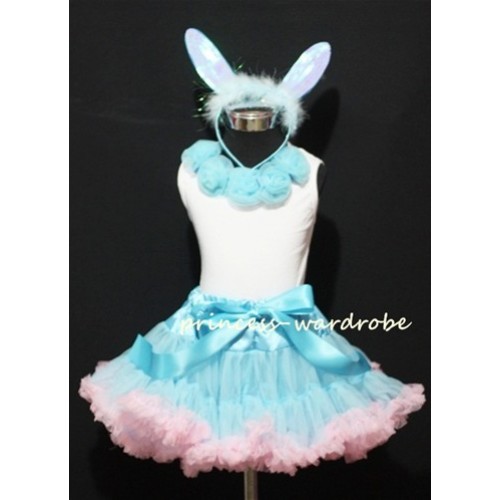 Light Blue Pink Pettiskirt Rabbit Costum with Light Blue Rosettes Tank Top M41EA 