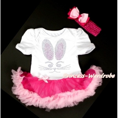 Easter White Baby Bodysuit Jumpsuit Hot Light Pink Pettiskirt With Sparkle Crystal Bling Rhinestone Bunny Rabbit Print With Hot Pink Headband Light Hot Pink Ribbon Bow JS3138 