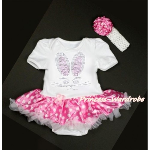 Easter White Baby Bodysuit Jumpsuit Hot Pink White Dots Pettiskirt With Sparkle Crystal Bling Rhinestone Bunny Rabbit Print With White Headband Hot Pink White Dots Rose JS3139 