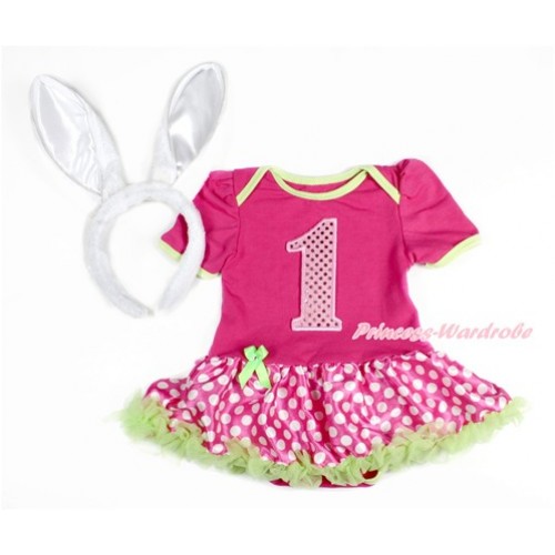 Easter Hot Pink Baby Jumpsuit Hot Pink White Dots Pettiskirt With 1st Sparkle Light Pink Birthday Number Print With Rabbit Headband JS3141 
