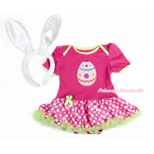Easter Hot Pink Baby Jumpsuit Hot Pink White Dots Pettiskirt With Easter Egg Print With Rabbit Headband JS3144 
