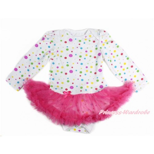 White Rainbow Dots Long Sleeve Baby Bodysuit Jumpsuit Hot Pink Pettiskirt JS3145 