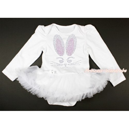 Easter White Long Sleeve Baby Bodysuit Jumpsuit White Pettiskirt With Sparkle Crystal Bling Rhinestone Bunny Rabbit Print JS3146 