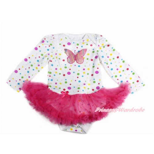 White Rainbow Dots Long Sleeve Baby Bodysuit Jumpsuit Hot Pink Pettiskirt With Rainbow Butterfly Print JS3155 