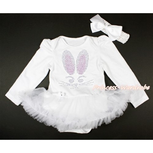 Easter White Long Sleeve Baby Bodysuit Jumpsuit White Pettiskirt With Sparkle Crystal Bling Rhinestone Bunny Rabbit Print & White Headband White Silk Bow JS3159 