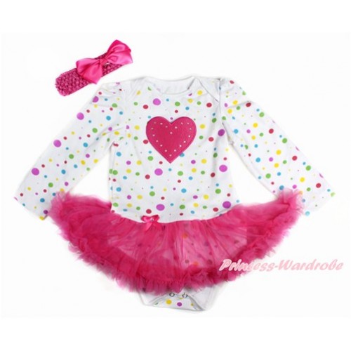 Valentine's Day White Rainbow Dots Long Sleeve Baby Bodysuit Jumpsuit Hot Pink Pettiskirt With Hot Pink Heart Print & Hot Pink Headband Hot Pink Silk Bow JS3166 