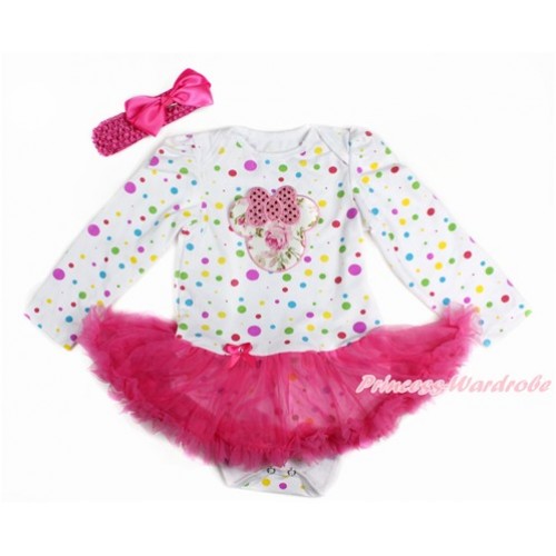 White Rainbow Dots Long Sleeve Baby Bodysuit Jumpsuit Hot Pink Pettiskirt With Sparkle Light Pink Rose Minnie Print & Hot Pink Headband Hot Pink Silk Bow JS3169 