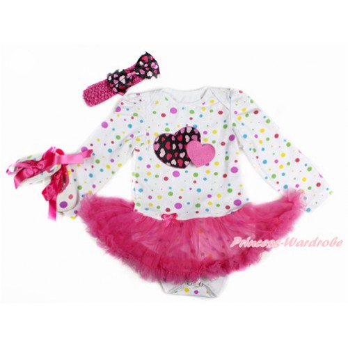 Valentine's Day White Rainbow Dots Long Sleeve Baby Bodysuit Jumpsuit Hot Pink Pettiskirt With Hot Pink Sweet Twin Heart Print With Hot Pink Headband Hot Light Pink Heart Satin Bow & Hot Pink Ribbon White Rainbow Dots Shoes JS3178 