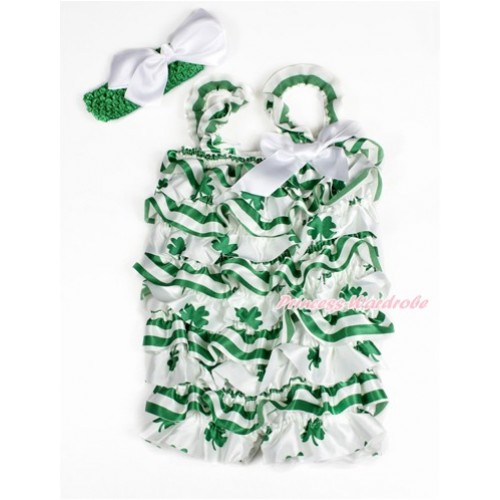 St Patrick's Day Green White Striped Clover Satin Petti Romper with White Bow & Straps With Kelly Green Headband White Silk Bow 2pc Set RH139 