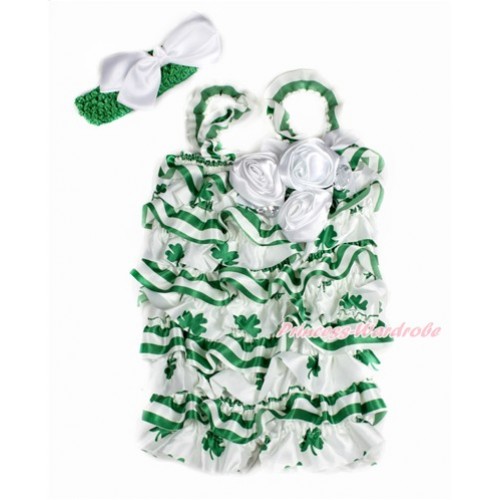 St Patrick's Day Green White Striped Clover Satin Petti Romper with White Bow & Straps & Bunch of  White Satin Rosettes & Crystal With Kelly Green Headband White Silk Bow 2pc Set RH140 