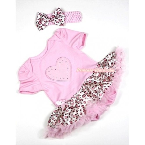 Light Pink Baby Jumpsuit Light Pink Leopard Pettiskirt With Light Pink Heart Print With Light Pink Headband Light Pink Leopard Satin Bow JS260 